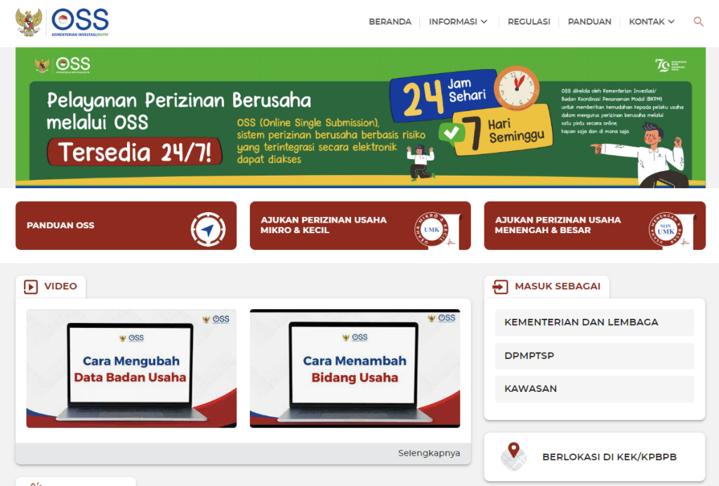 tampilan homepage website oss untuk mendaftarkan izin usaha