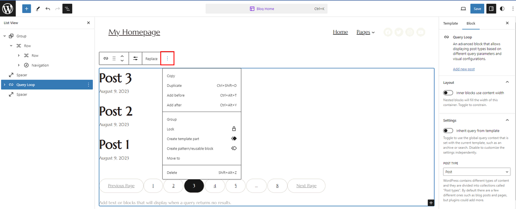 tampilan ikon options saat memilih blok Query Loop