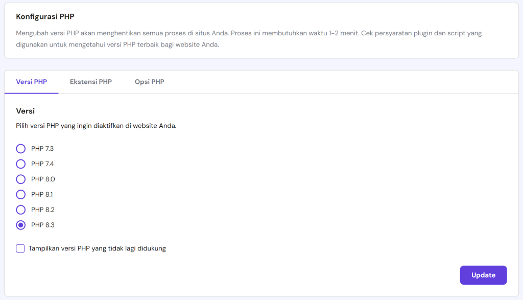 tampilan bagian konfigurasi php di hpanel untuk mengupdate versi php website