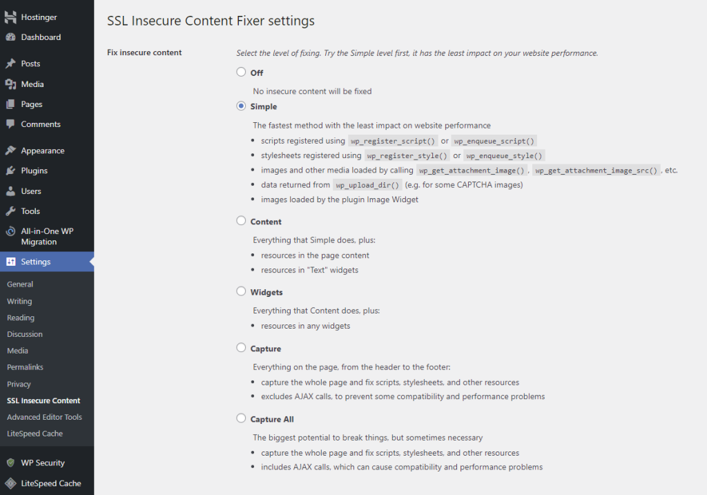 tampilan halaman konfigurasi plugin ssl insecure content fixer