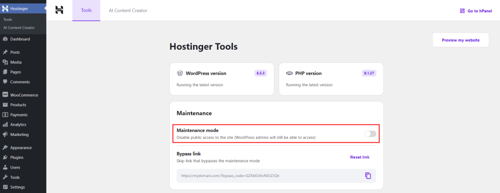 tampilan plugin hostinger di dashboard wordpress dengan mode maintenance yang dipilih