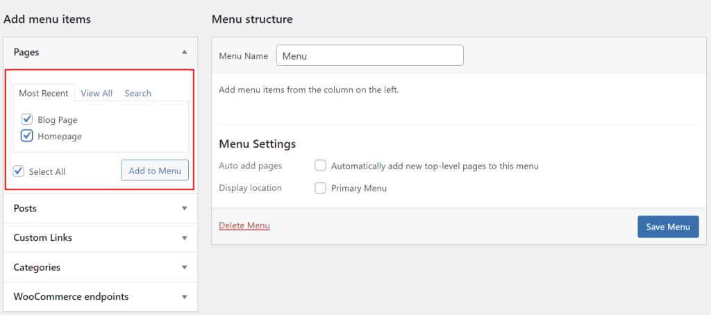 tampilan bagian menu di WordPress dengan tab Pages yang dipilih