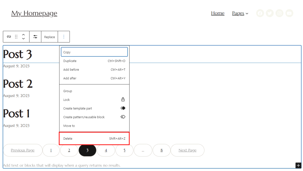 tampilan opsi untuk menghapus blok Query Loop