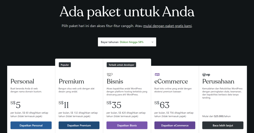 tampilan daftar paket yang tersedia di wordpress.com