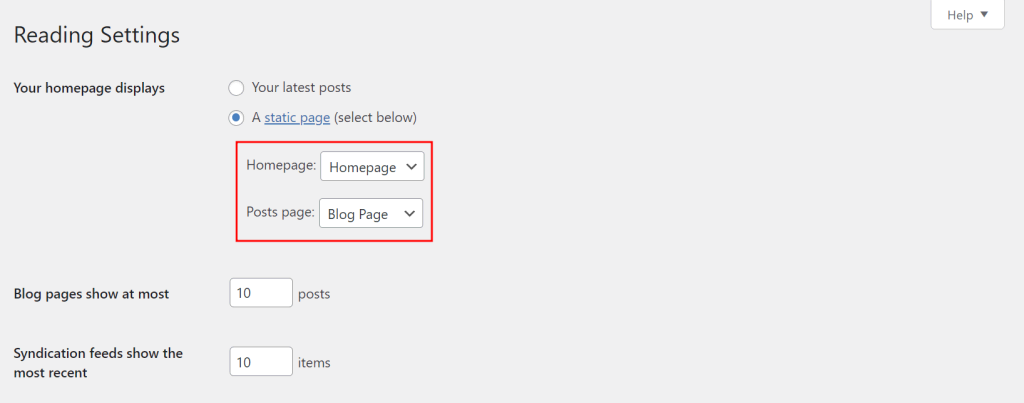 tampilan bagian pengaturan reading di WordPress dengan menu drop-down homepage dan halama postingan yang dipilih