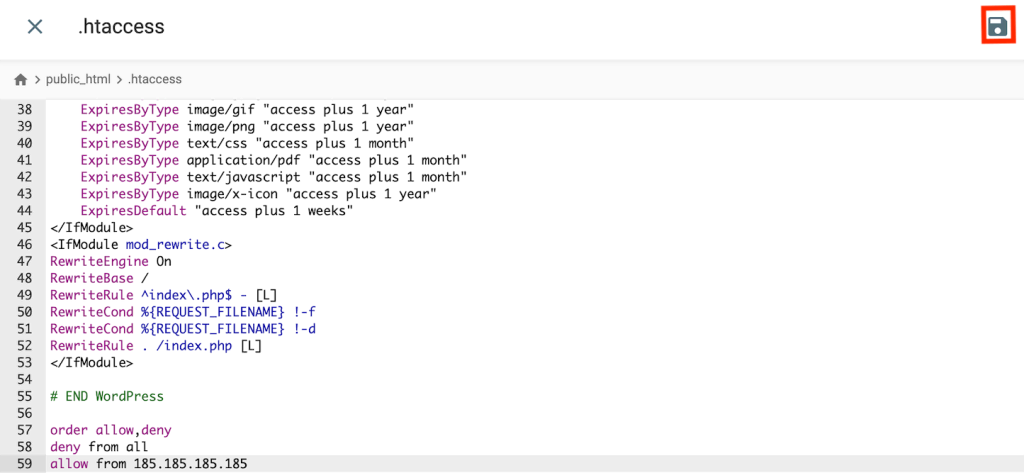 tampilan file htaccess yang diubah di file manager hostinger dengan tombol simpan yang dipilih