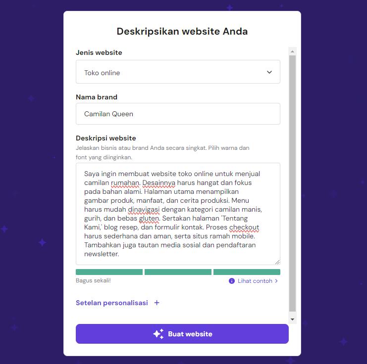 tampilan contoh prompt ai website builder hostinger untuk membuat website toko online