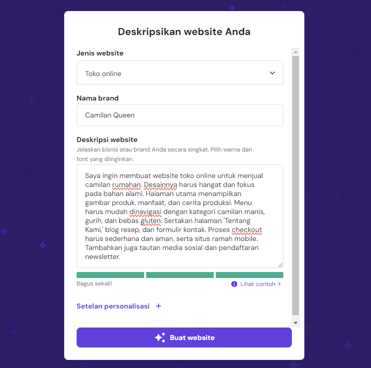 tampilan contoh prompt ai website builder hostinger untuk membuat website toko online
