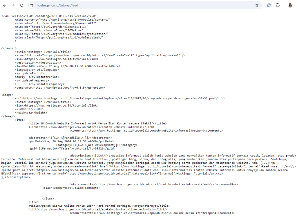tampilan file xml rss feed hostinger indonesia di browser
