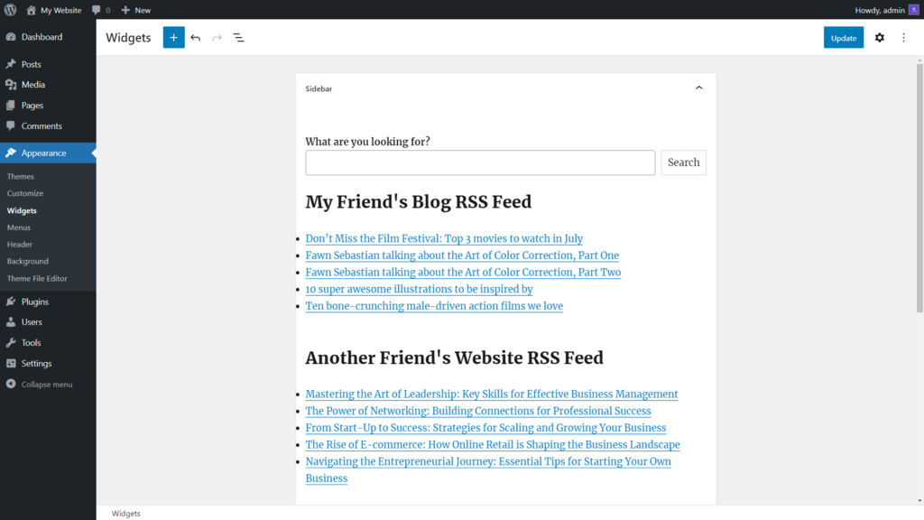 tampilan dashboard wordpress menunjukkan hasil menambahkan beberapa rss feed eksternal