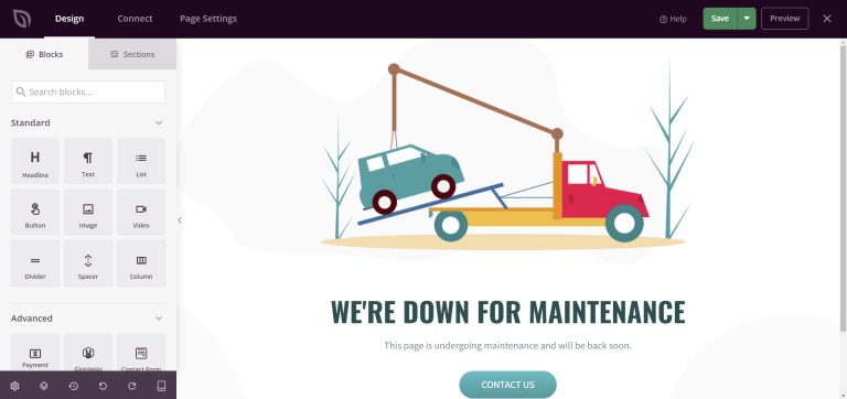 tampilan bagian editor halaman seedprod untuk mengedit template maintenance mode