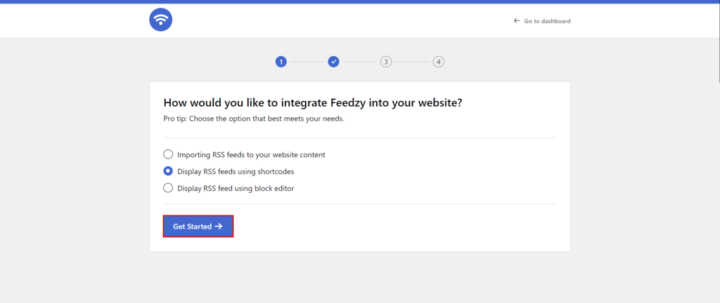 tampilan proses setup feedzy rss feed dengan tombol get started yang dipilih