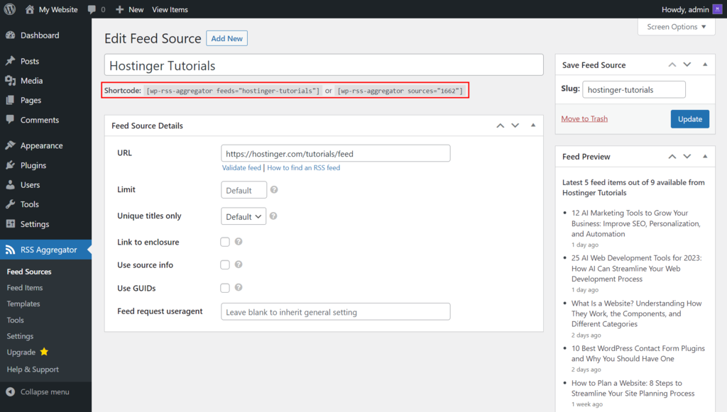 tampilan bagian pengeditan sumber feed di plugin wp rss aggregator dengan kolom shortcode yang dipilih