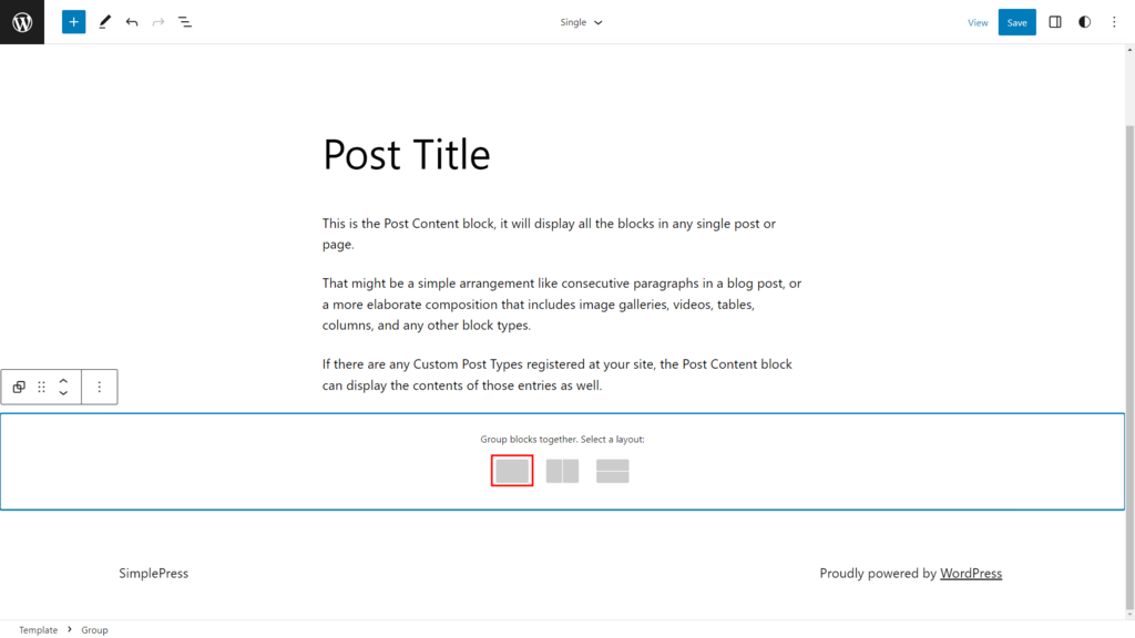 tampilan block editor wordpress menunjukkan tata letak group