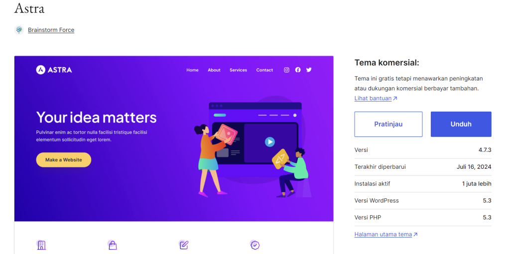 tampilan halaman tema astra di website wordpress.org