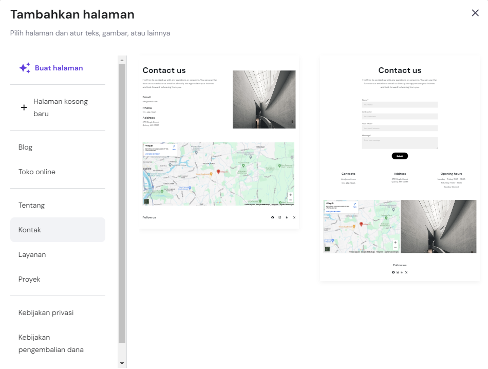 tampilan template halaman kontak hostinger website builder