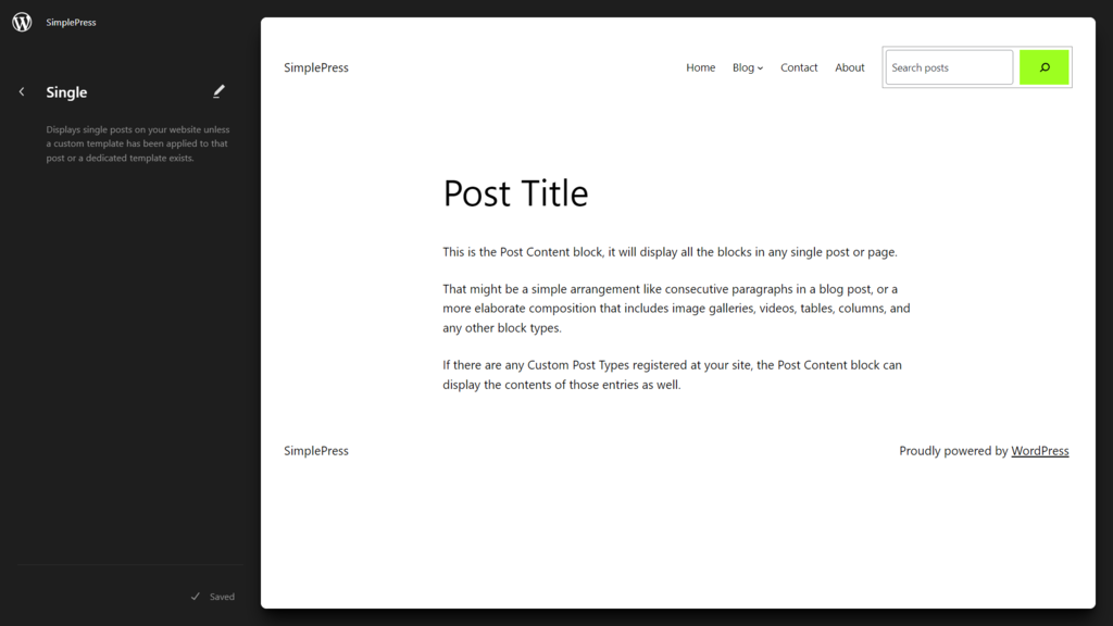 tampilan site editor wordpress menunjukkan template single