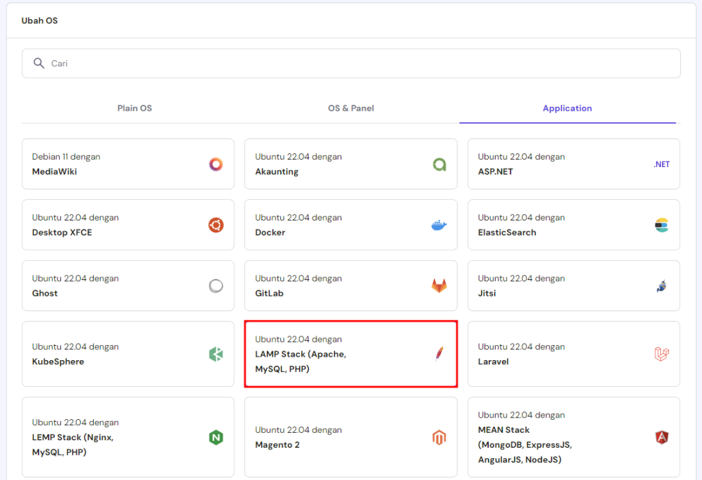 tampilan bagian os & panel vps di hpanel dengan ubuntu 22.04 with LAMP stack yang dipilih