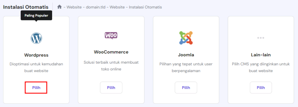 tampilan bagian instalasi otomatis di hpanel dengan wordpress yang dipilih