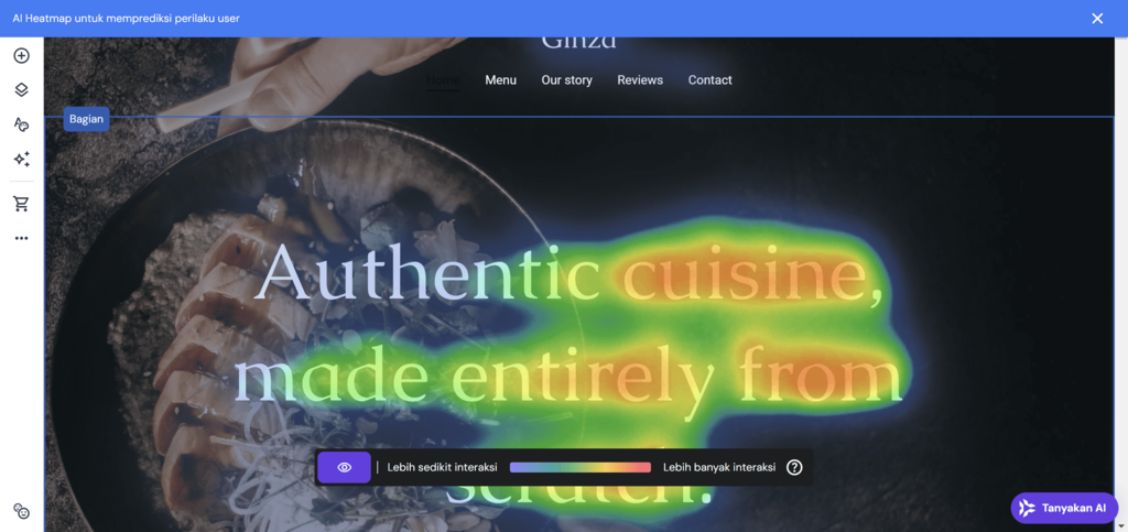 tampilan layar editor di website builder hostinger menunjukkan ai heatmap