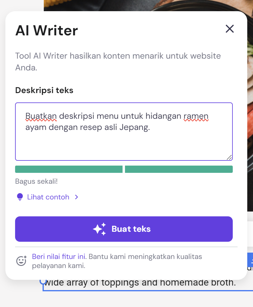 tampilan ai writer dengan prompt untuk membuat deskripsi menu ramen ayam