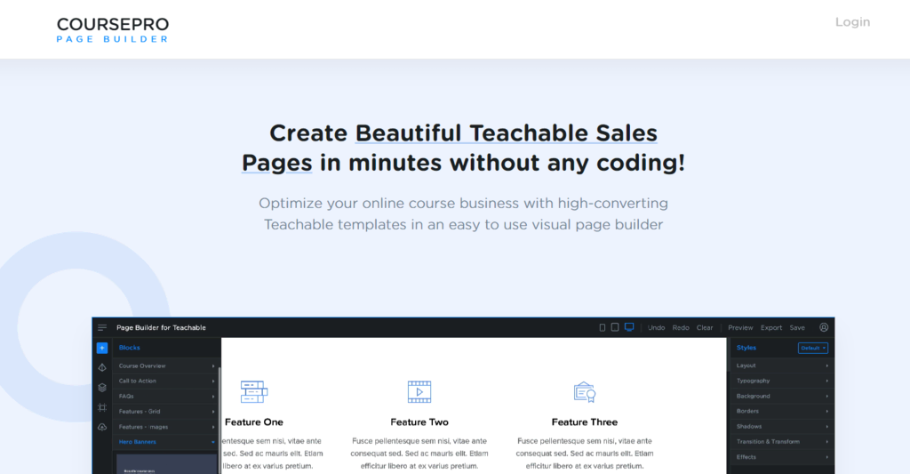 tampilan banner page builder coursepro untuk platform teachable