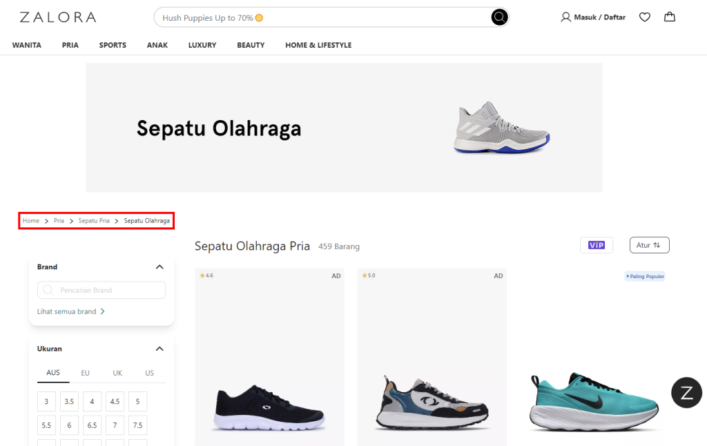 tampilan contoh kategori produk di website zalora menggunakan algoritma recursive