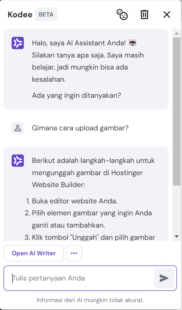 tampilan kodee assistant ai website builder hostinger dengan prompt untuk mengupload gambar