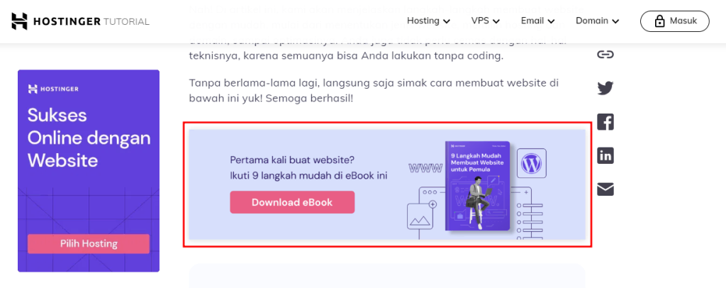 tampilan halaman tutorial hostinger menunjukkan contoh lead magnet dalam bentuk ebook