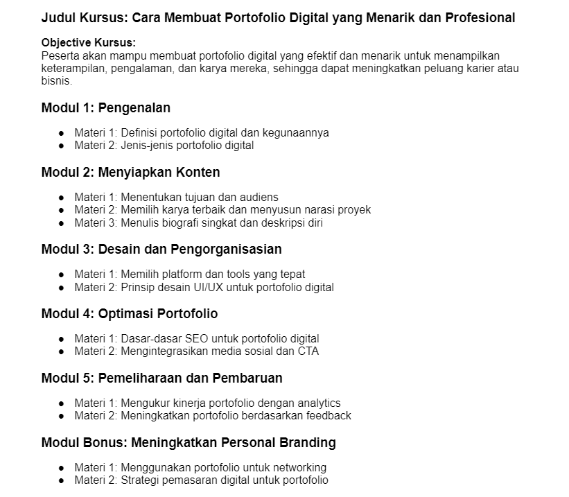 tampilan contoh outline kursus online dengan topik cara membuat portofolio digital