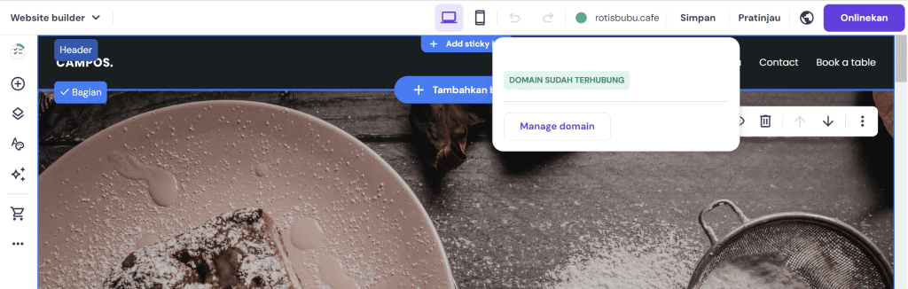 tampilan builder menunjukkan domain yang sudah terhubung