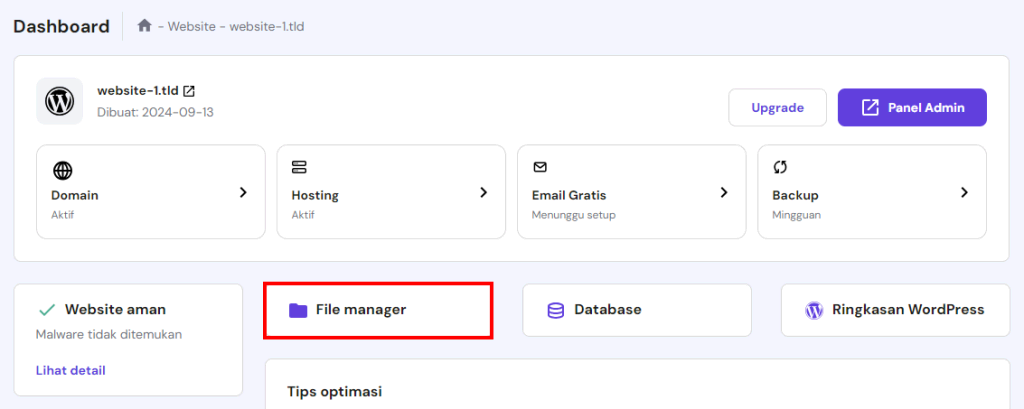 tampilan menu file manager hostinger di halaman dashboard hpanel