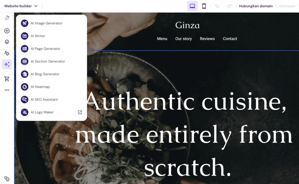 tampilan layar editor di website builder hostinger menunjukkan semua tool ai