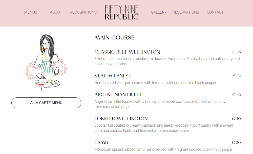 tampilan halaman menu dengan harga di website fifty nine republic