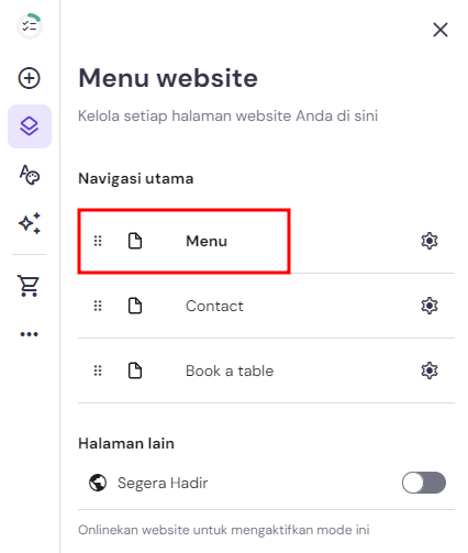 tampilan bagian menu website di website builder hostinger dengan halaman menu yang dipilih