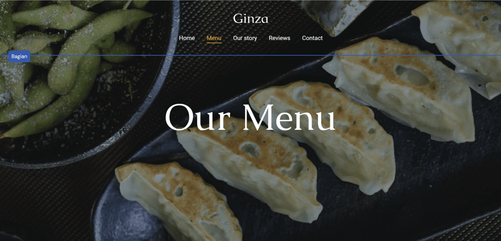 tampilan layar editor di website builder hostinger menunjukkan menu di homepage template ginza