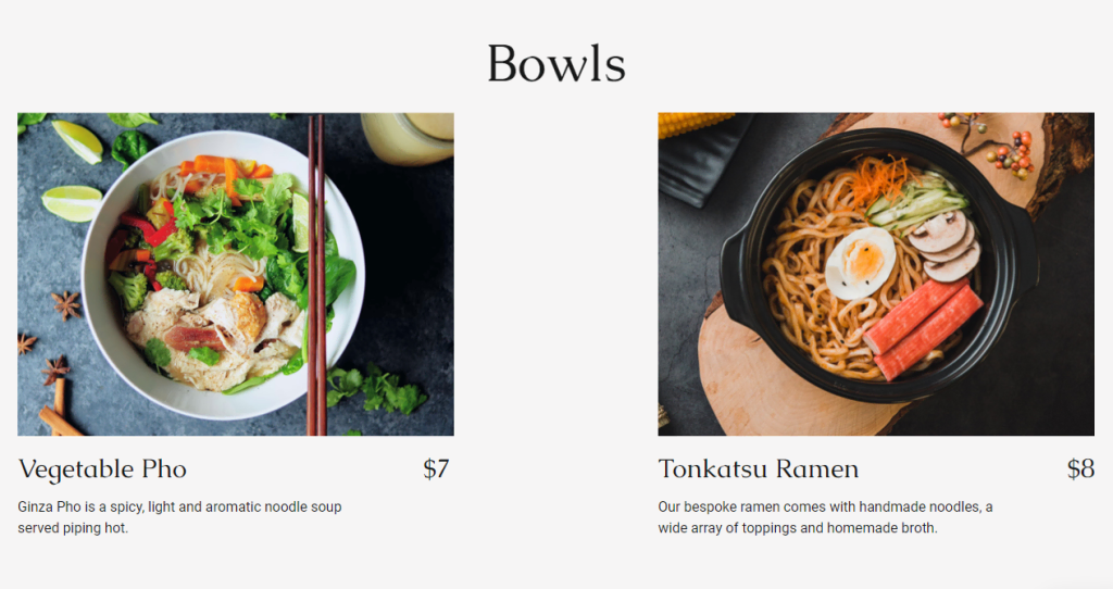 tampilan halaman menu dari template ginza di website builder hostinger