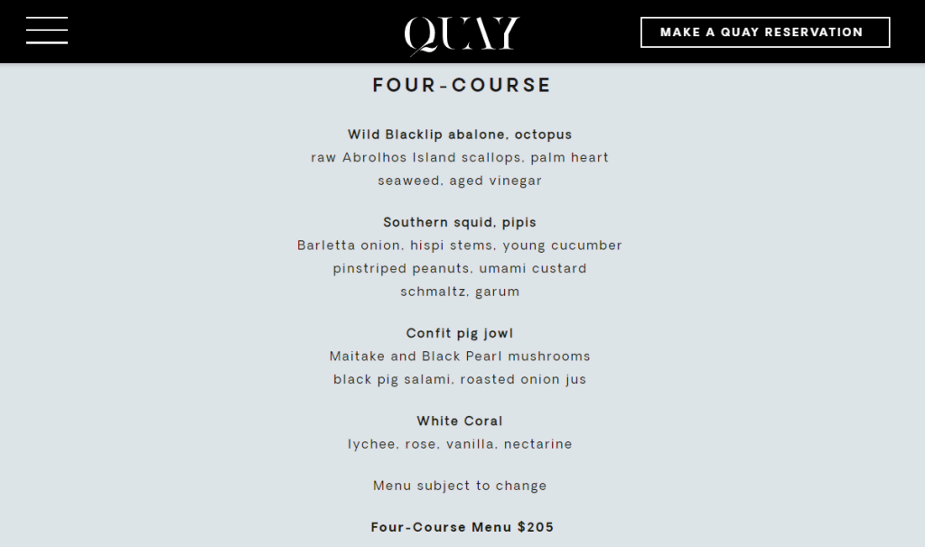 tampilan halaman menu four-course di website quay