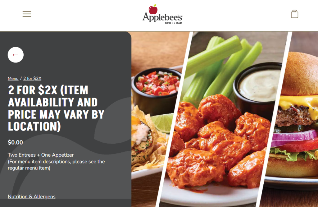 tampilan halaman harga paket menu di website applebee