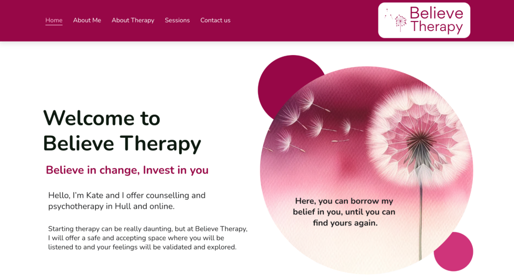 tampilan homepage website believe therapy