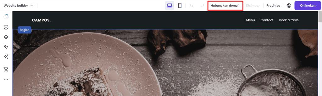 tampilan layar editor builder menunjukkan opsi hubungkan domain