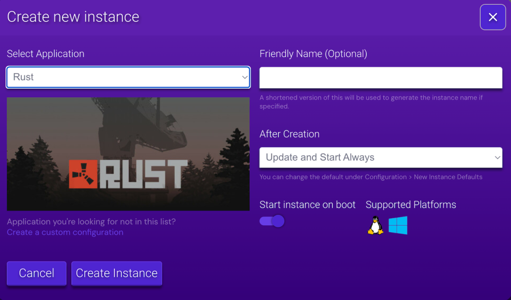 tampilan game panel hostinger dengan instance rust yang dipilih