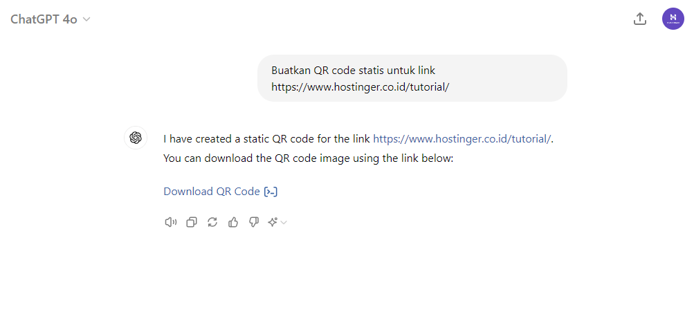 tampilan chatgpt dengan prompt untuk membuat qr code