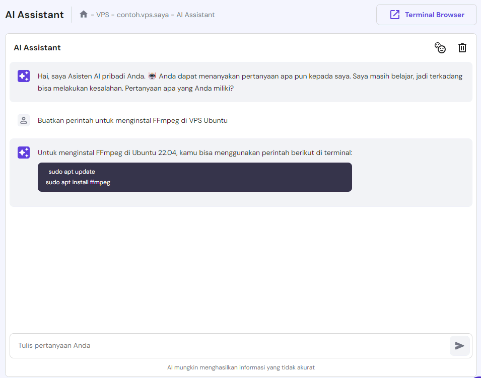 tampilan kodee vps ai assitant hostinger menunjukkan perintah untuk menginstal ffmpeg