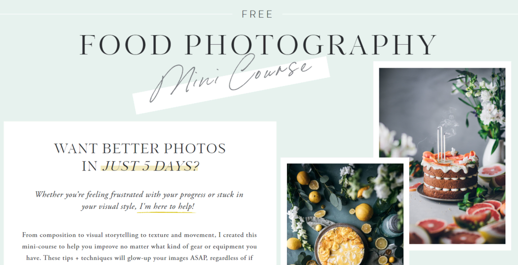 tampilan halaman website yang menunjukkan kursus singkat online fotografi makanan