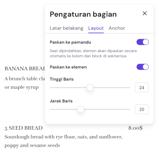 tampilan pengaturan bagian di hostinger website builder menunjukkan tab layout