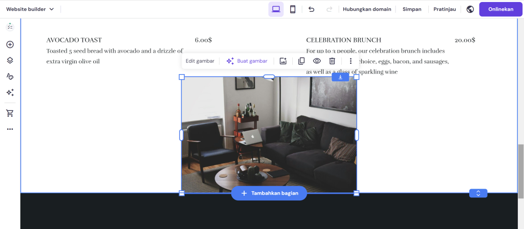 tampilan layar editor builder menunjukkan proses menambahkan gambar