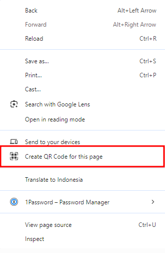 tampilan menu klik kanan chrome dengan opsi untuk membuat kode qr yang dipilih