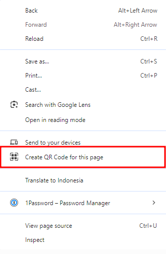 tampilan menu klik kanan chrome dengan opsi untuk membuat kode qr yang dipilih