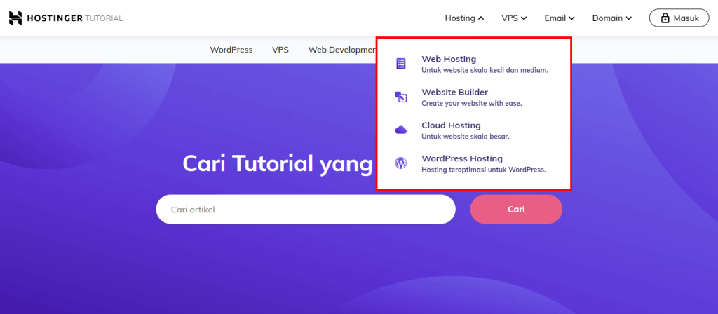 tampilan menu navigasi lokal hostinger menunjukkan bagian hosting